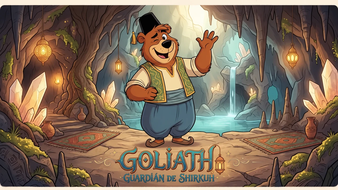 Goliath, un oso animado con fez, saluda desde una gruta iluminada.